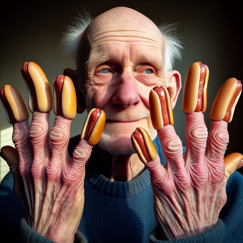 Elderly Man with Hot Dog Fingers
