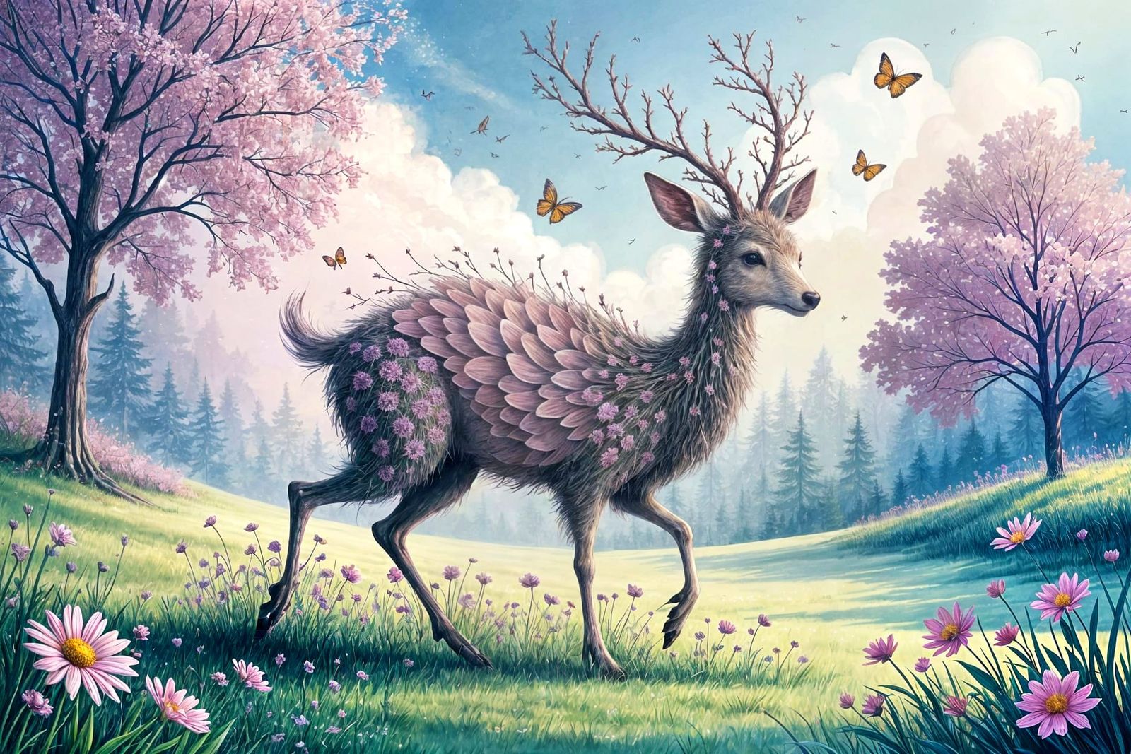 Blooming Floral Creature in Watercolor Style