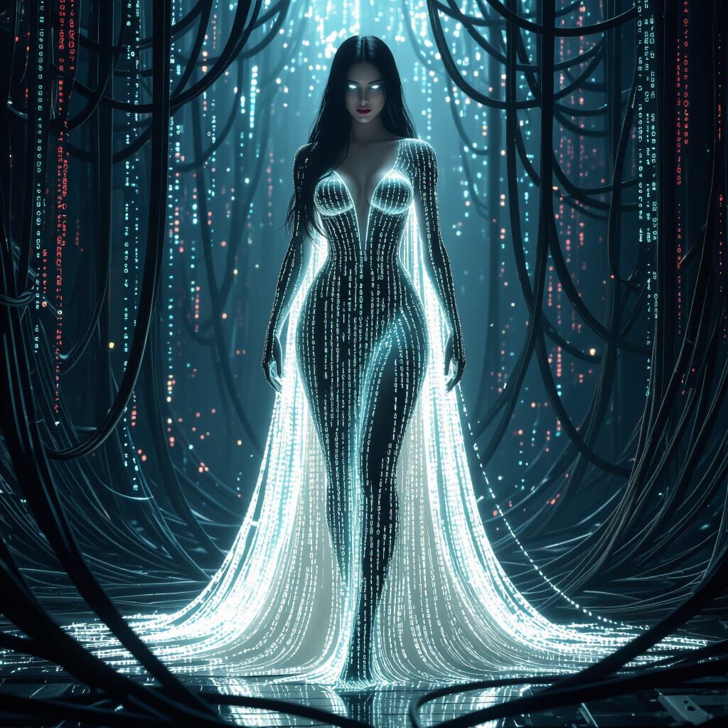 Cyberpunk Woman of Binary Code in Luminous Network Labyrinth