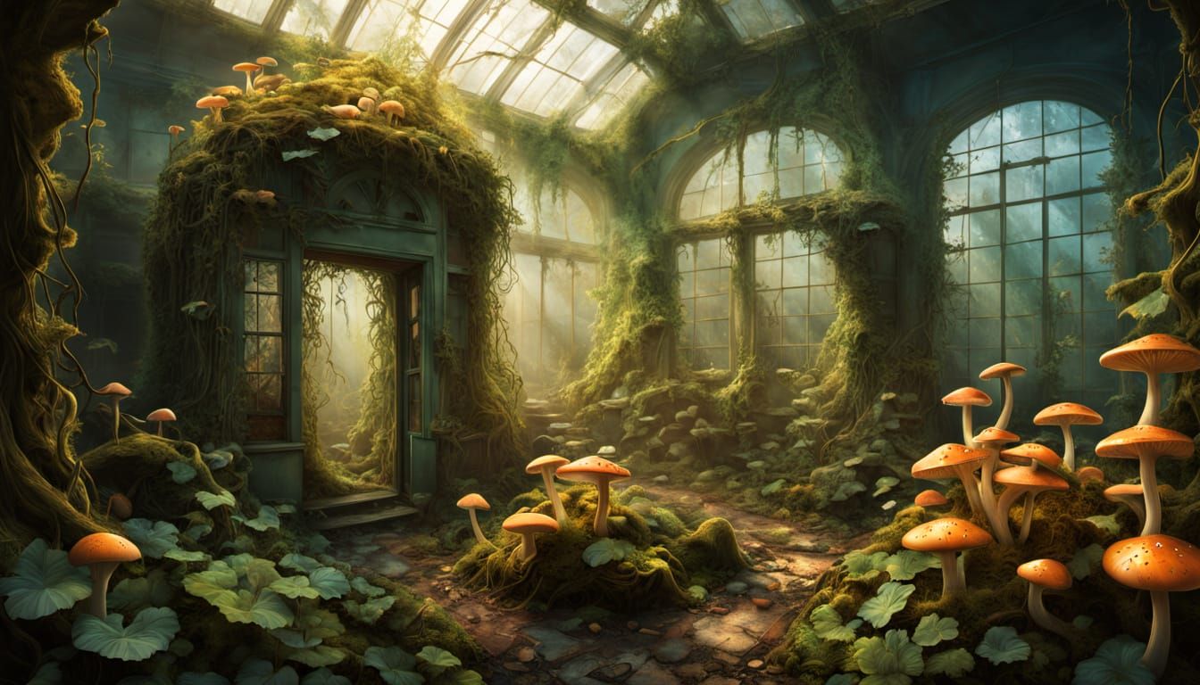 Greenhouse Overtaken: Surreal Oil Painting