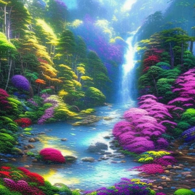 Tropical Waterfall Fantasy in Kinkade Style