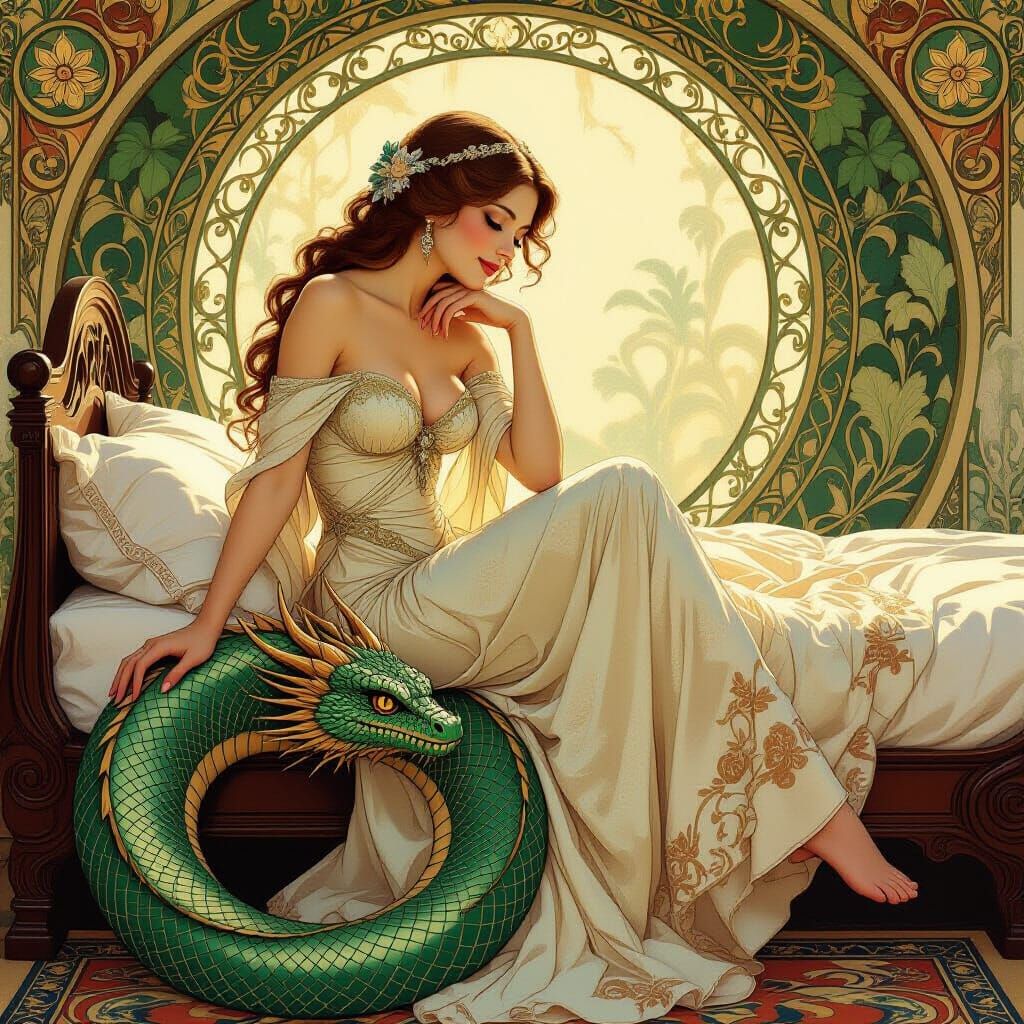 Dragon's Embrace: Art Nouveau Serenity
