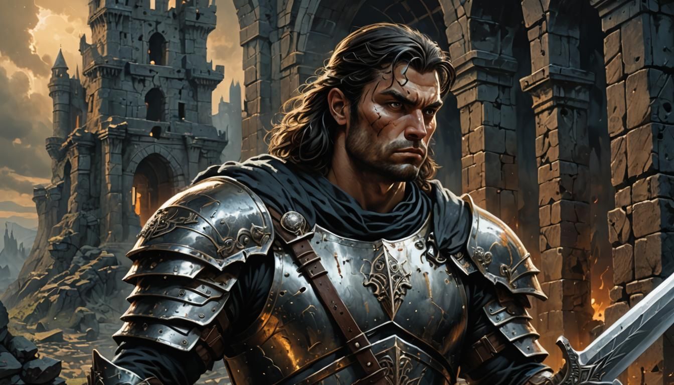 Dark Fantasy Warrior in Ruined Castle