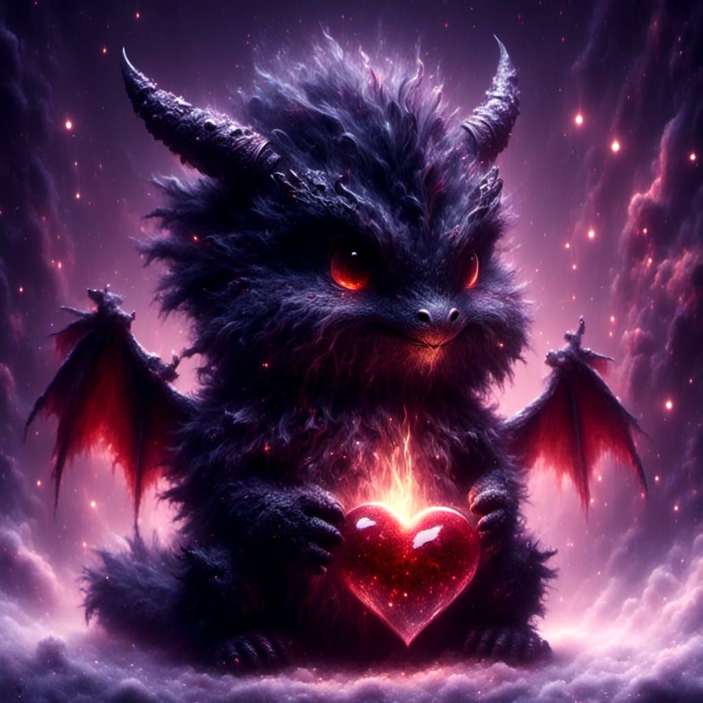 Adorable Black Dragon with Christmas Heart Ornament