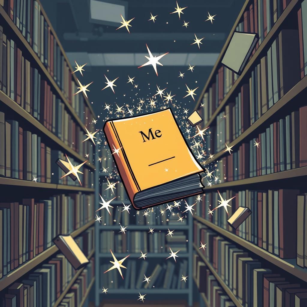 Copies of a book surrounded by sparkles, flying off the shel...