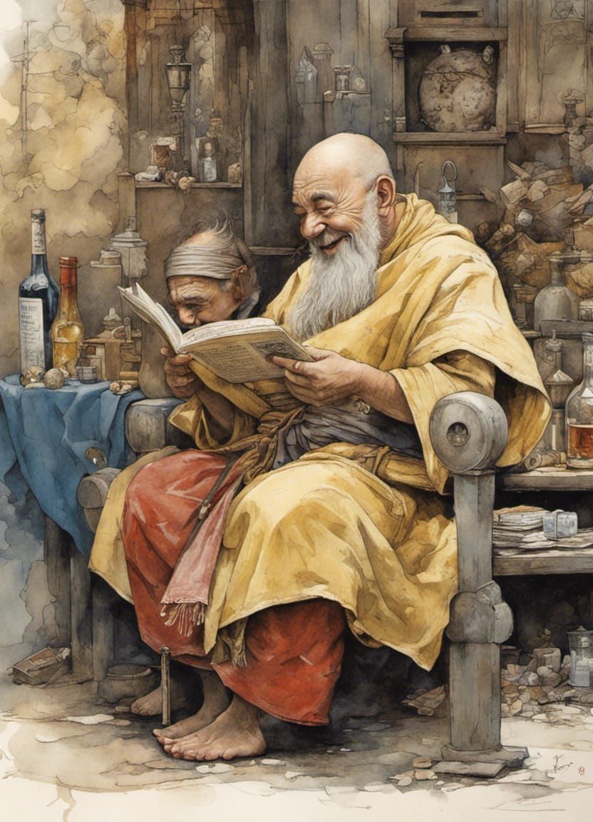 Laughing Drunken Monk Illustration in Ink