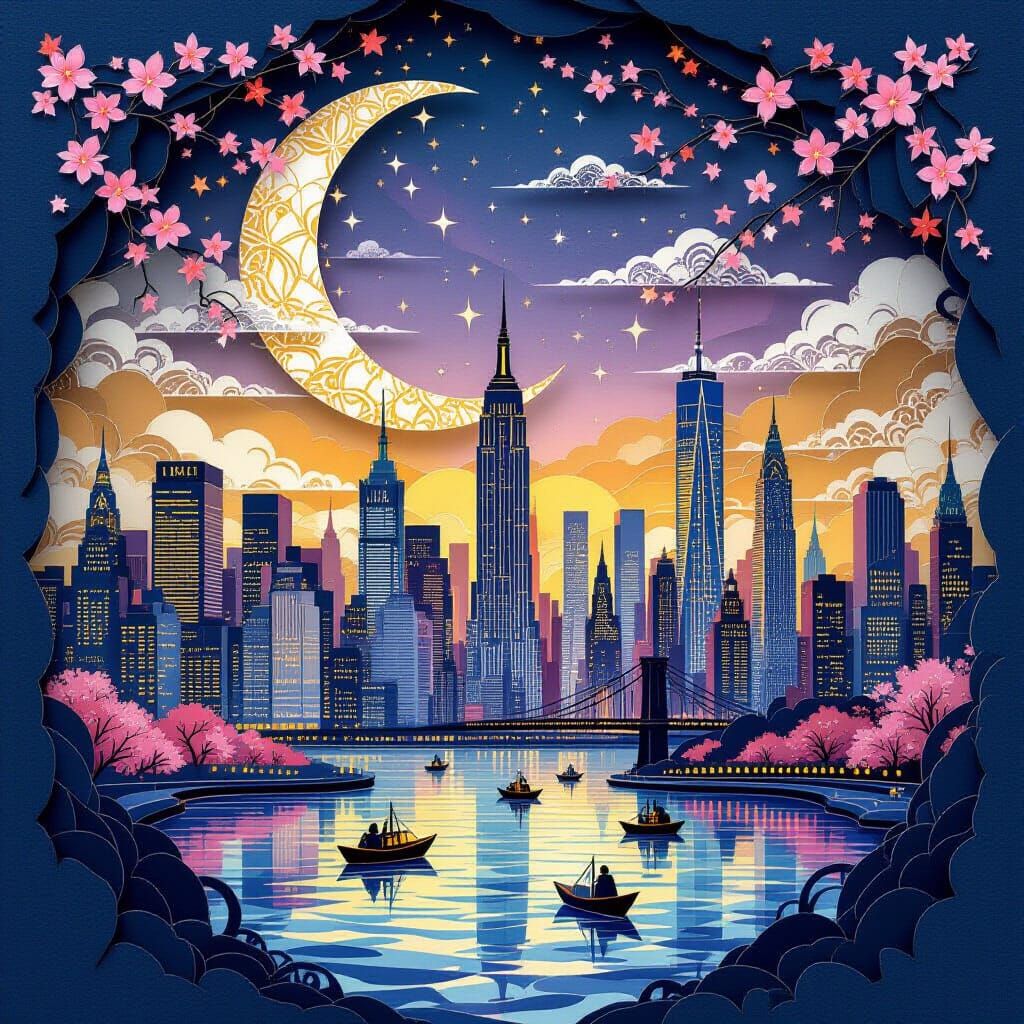 Dreamlike New York City Skyline in Kirigami Paper Art