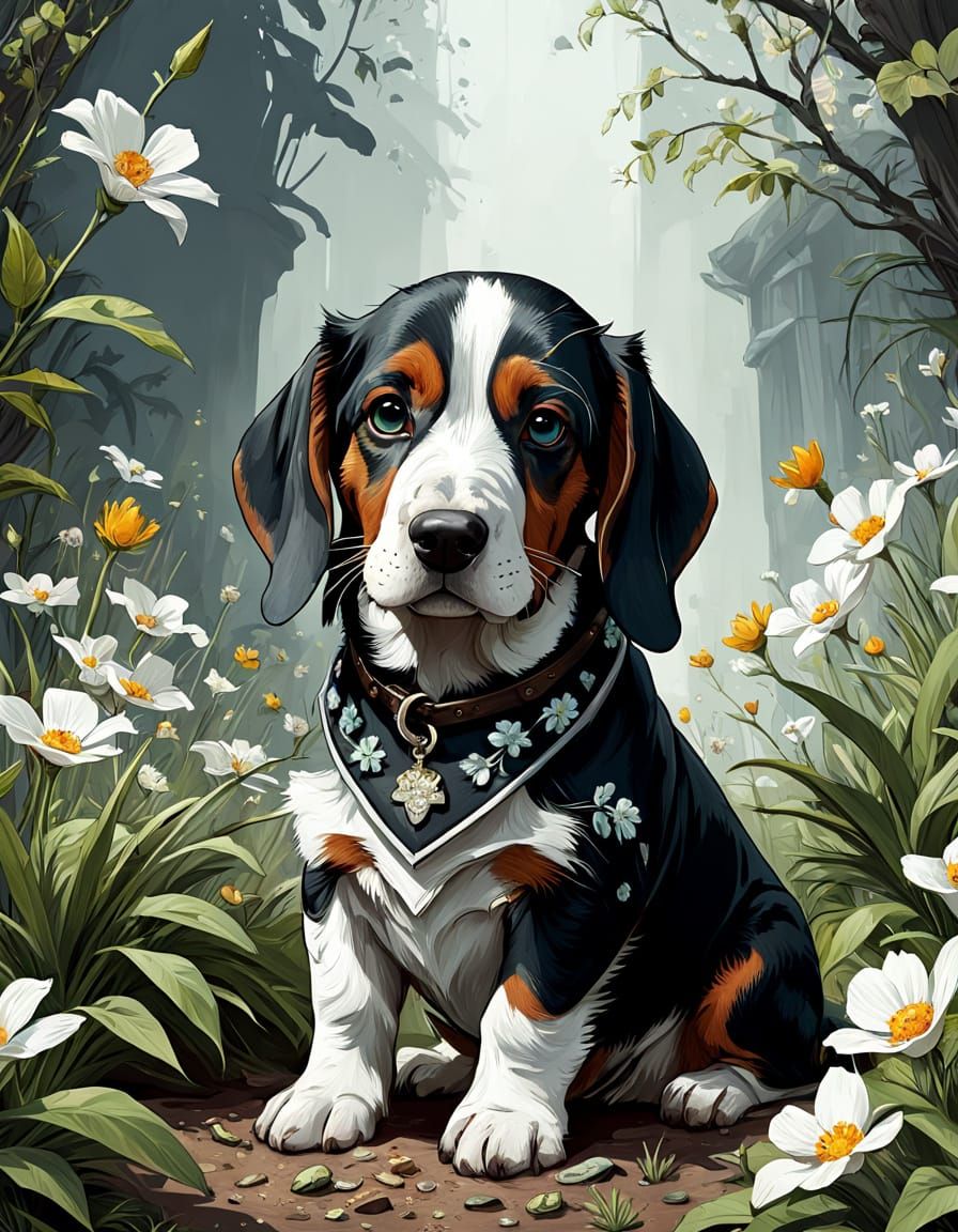 Surreal Basset Hound Mix Wears Floral Crown in Digital Art