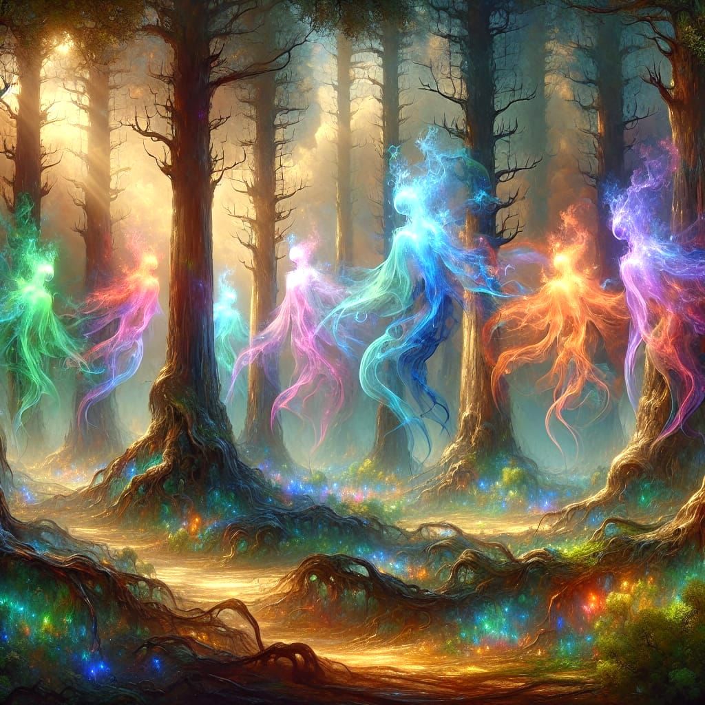 Enchanted Forest Fairy Tale with Rainbow Smoke Creatures