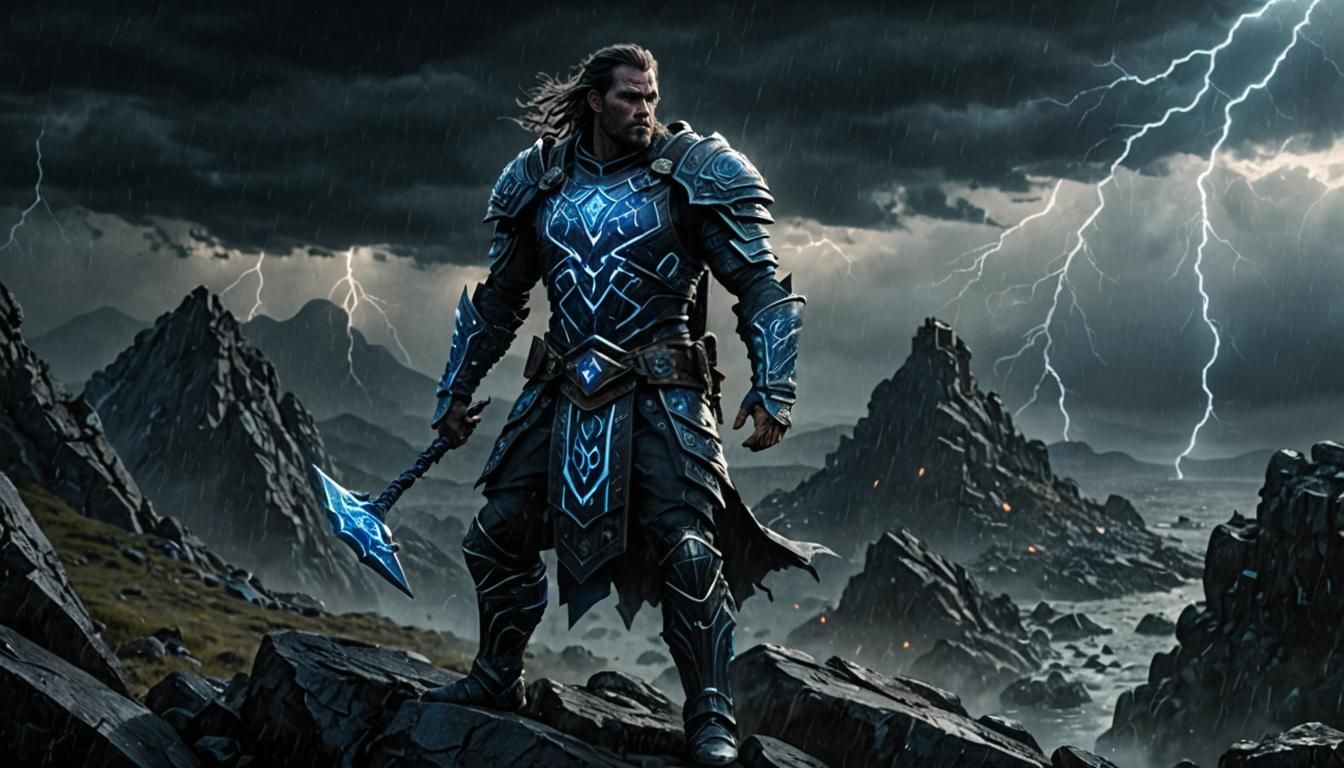 Runic Hero in Dark Fantasy Landscape