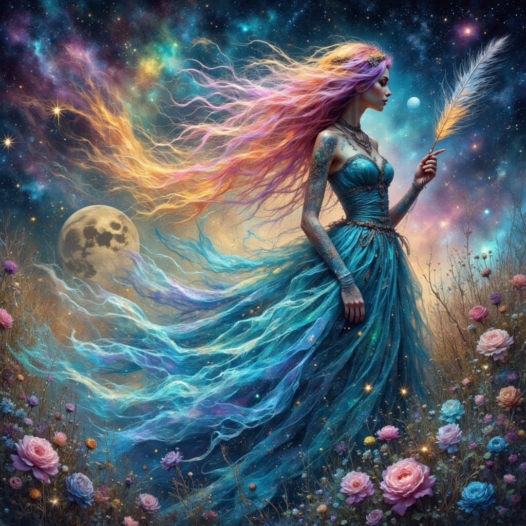 Rainbow-Haired Woman in Cosmic Surrealism Style