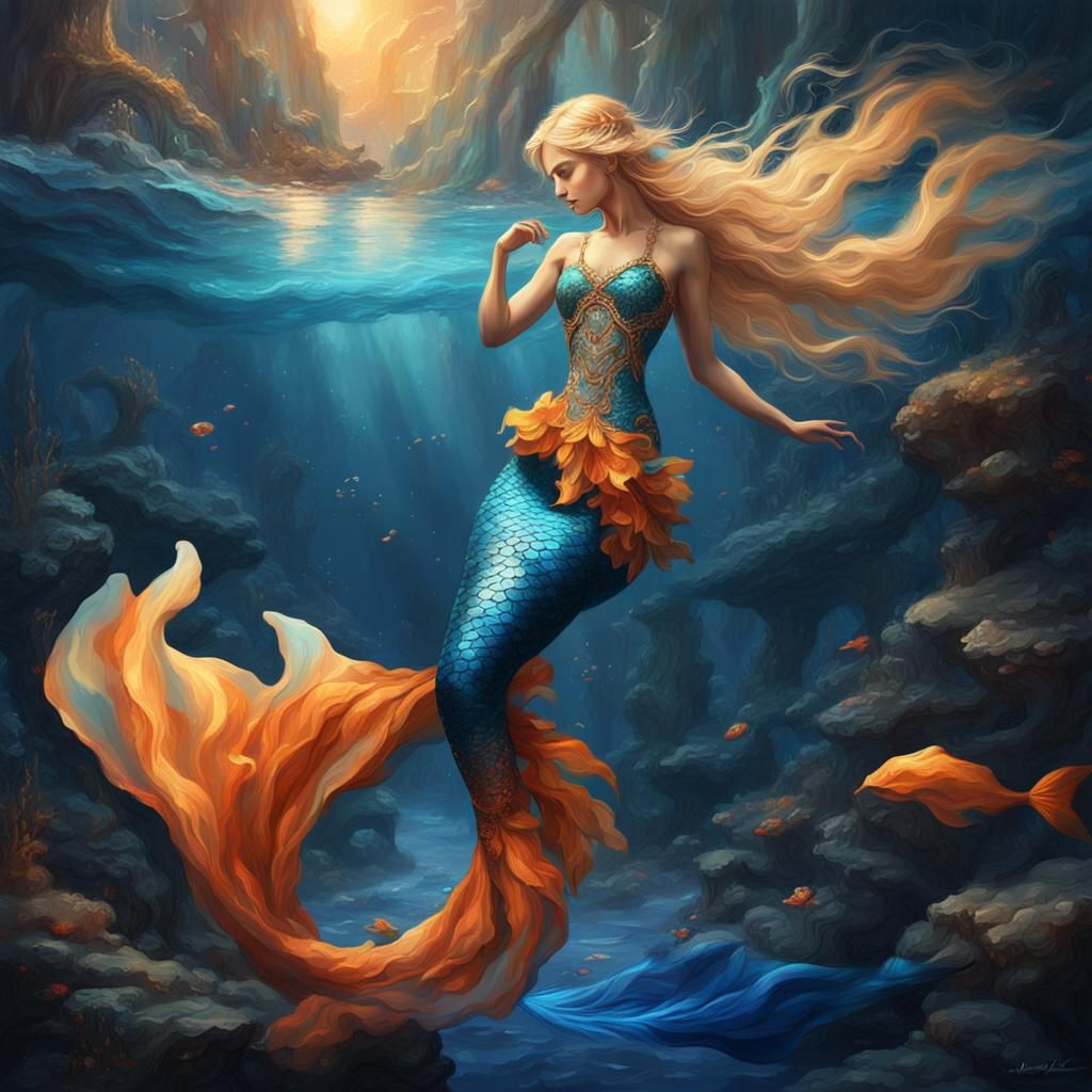 Blonde Mermaid with Flowy Tail: Oil Painting