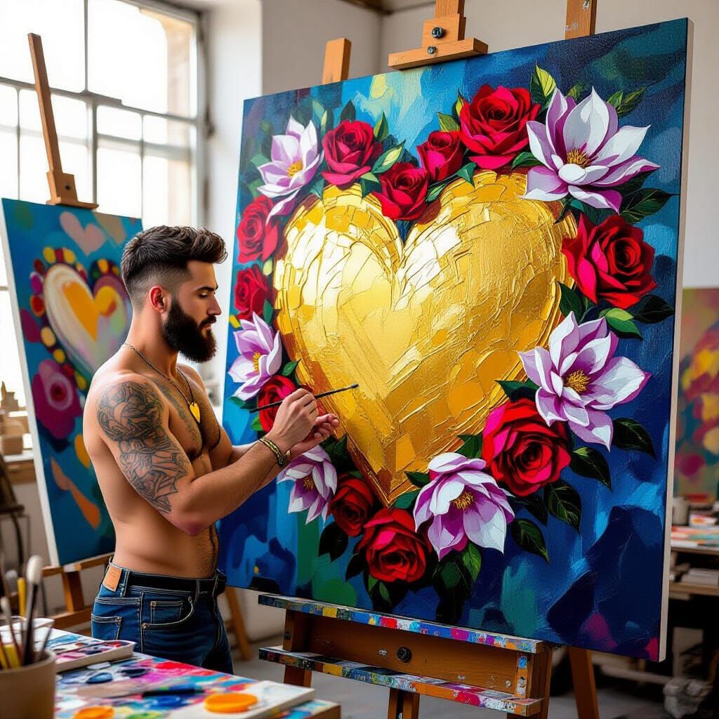 Passionate Artist Creating Impasto Heart Painting