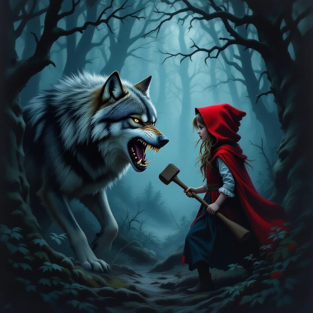 Wolf Confronts Red Hood Girl in Dark Fantasy Oil Painting