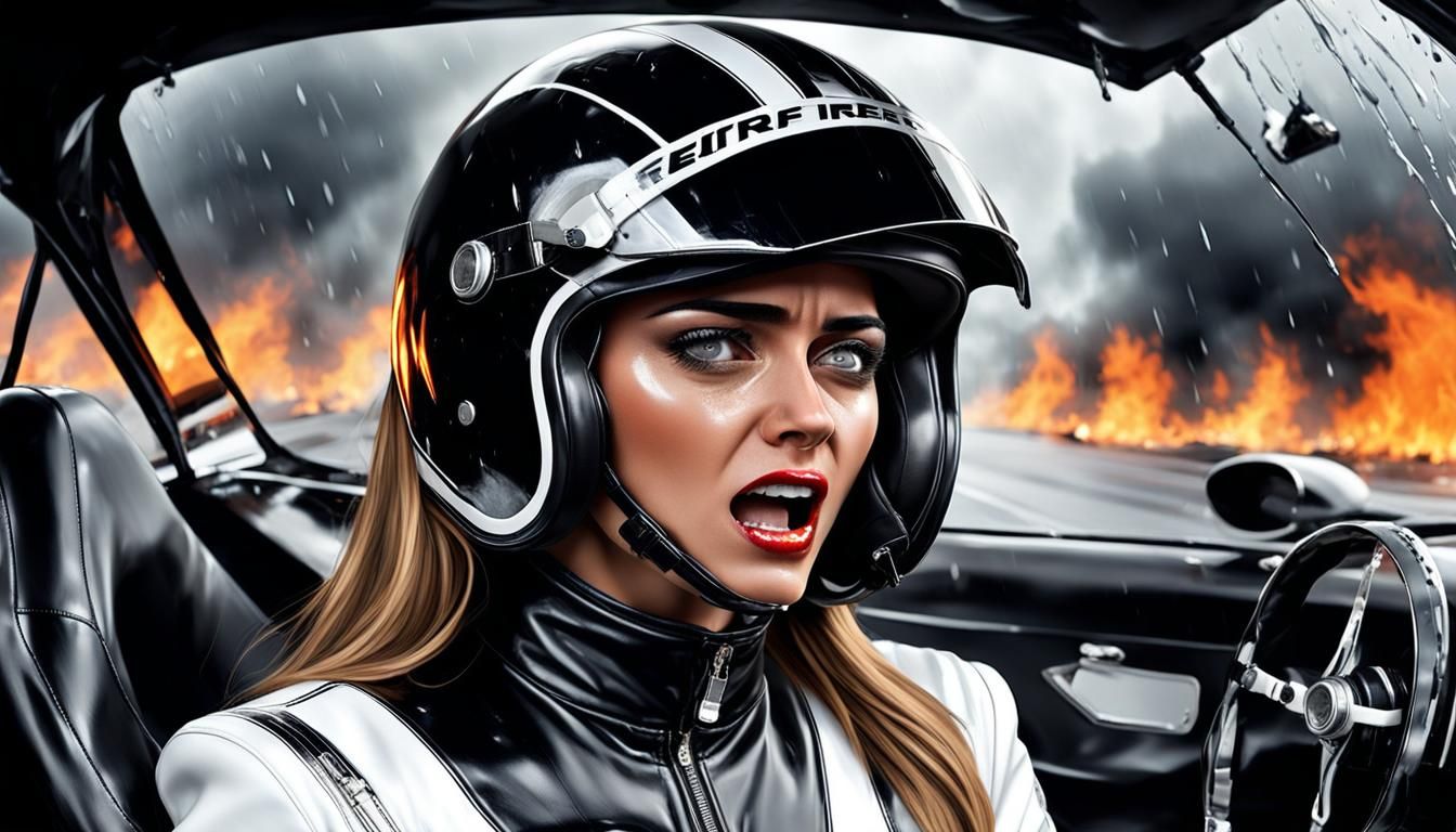 Crying Girl in Burning Race Car on Rainy Day