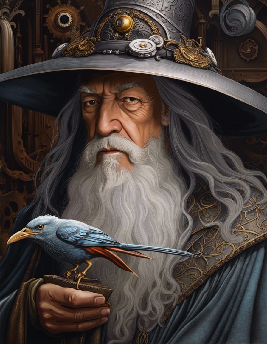 Gandalf the Grey Portrait with Mechanical Bird