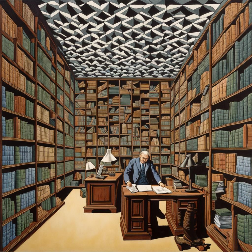 Colorful Office Scene Inspired by Gödel, Escher, Bach