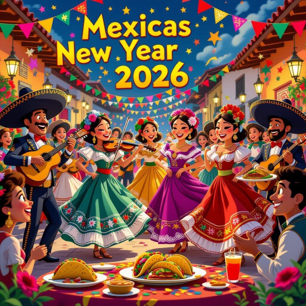 Mexican New Year Celebration in Vibrant 3D Cartoon Style