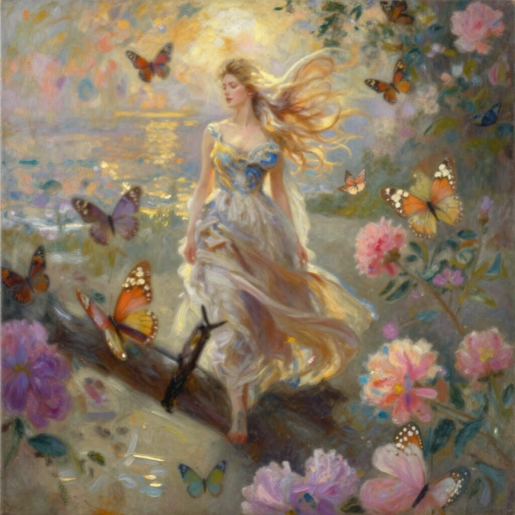 Woman on Beach at Sunset in Impressionistic Style