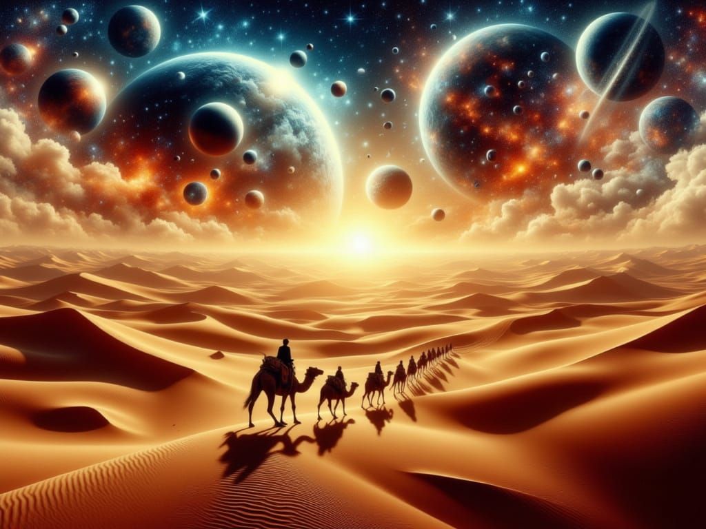 Surreal Desert Caravan Ascends into Cosmic Skies