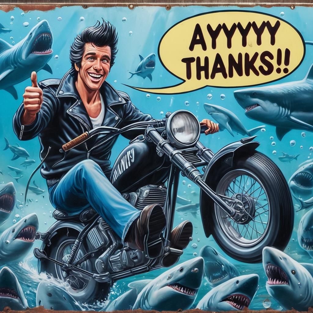 Fonzie Motorcycle Stunt in 1950s Enamel Sign Art