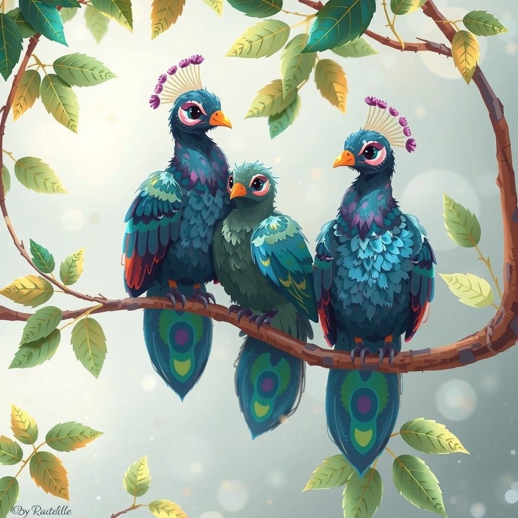 Whimsical Peacocks Perched on a Curved Branch