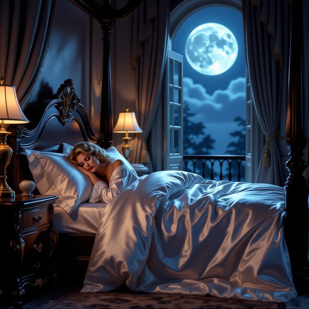 Emma Frost Sleeping in Luxurious Moonlit Bedroom