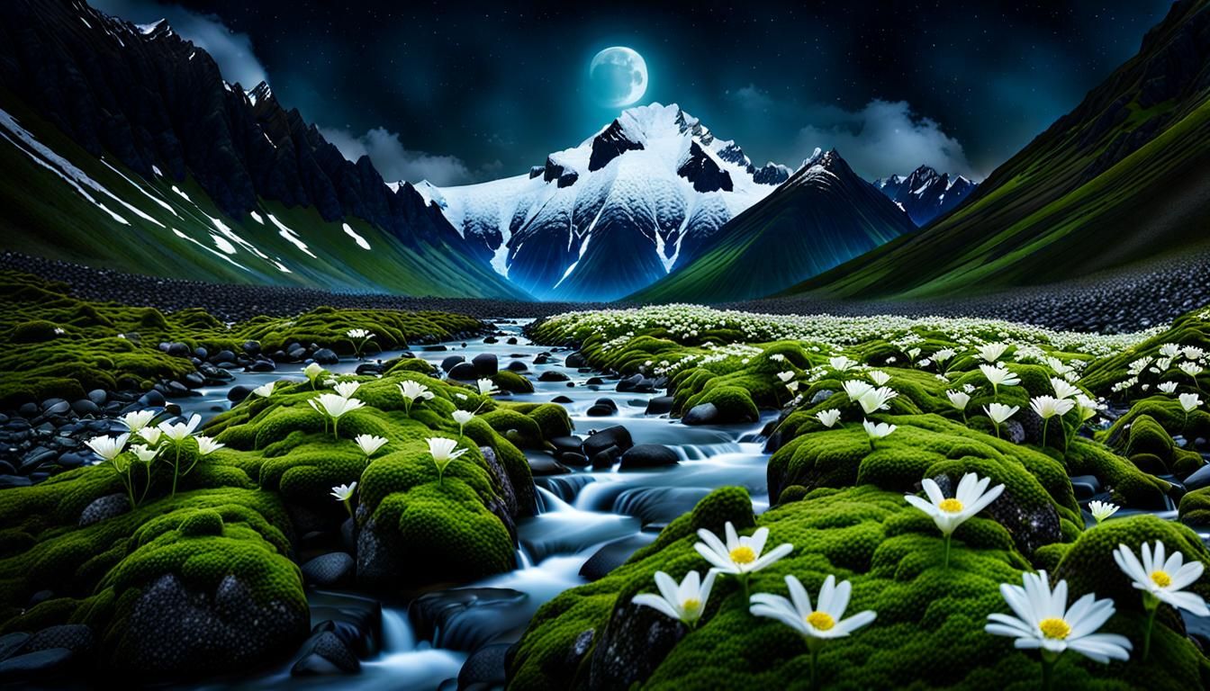 Moonlit Mountain River with Moss and Flowers