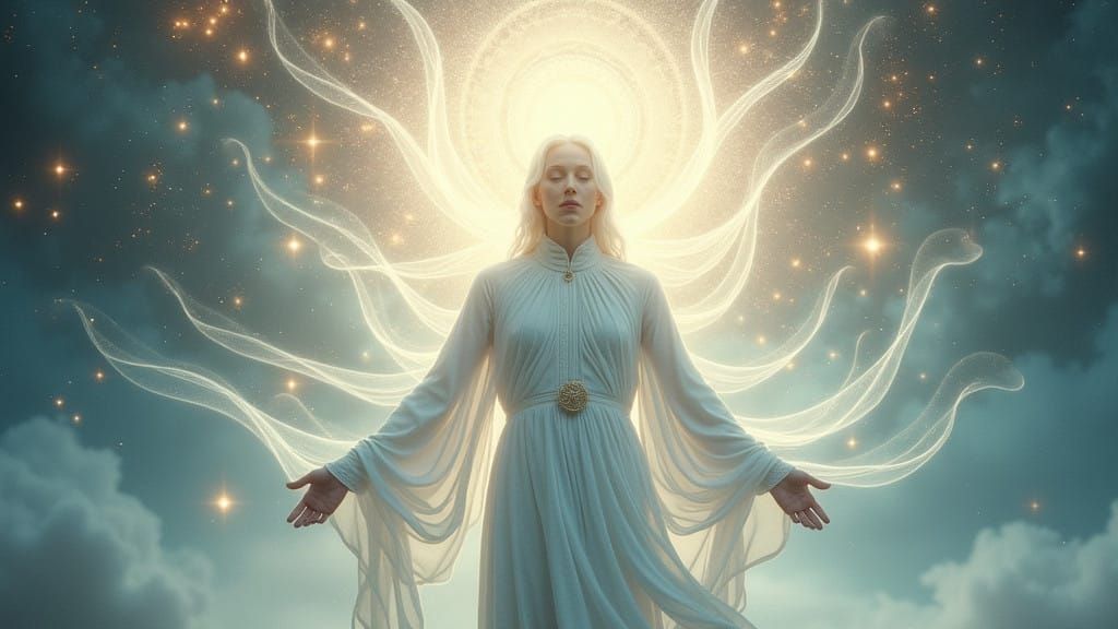 Ethereal Being Embodies White Solar Wind in Celestial Portal
