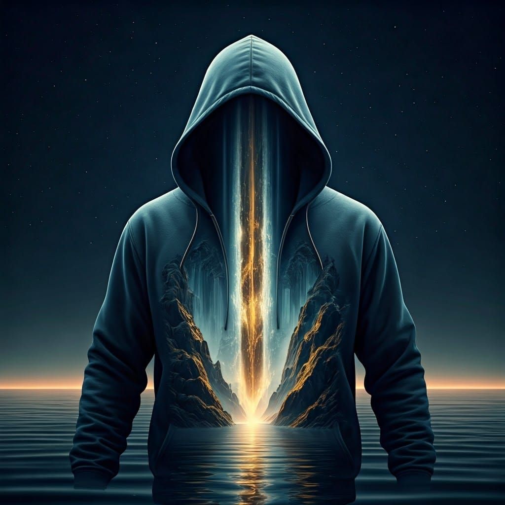 Hooded Silhouette Reveals Waterfall Mountain Vista