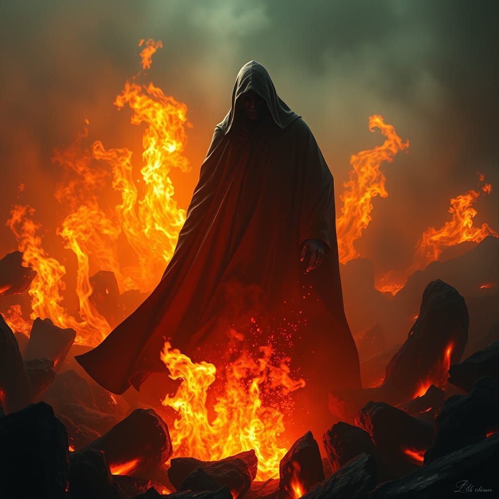 Cloaked Figure Emerges from Blazing Inferno