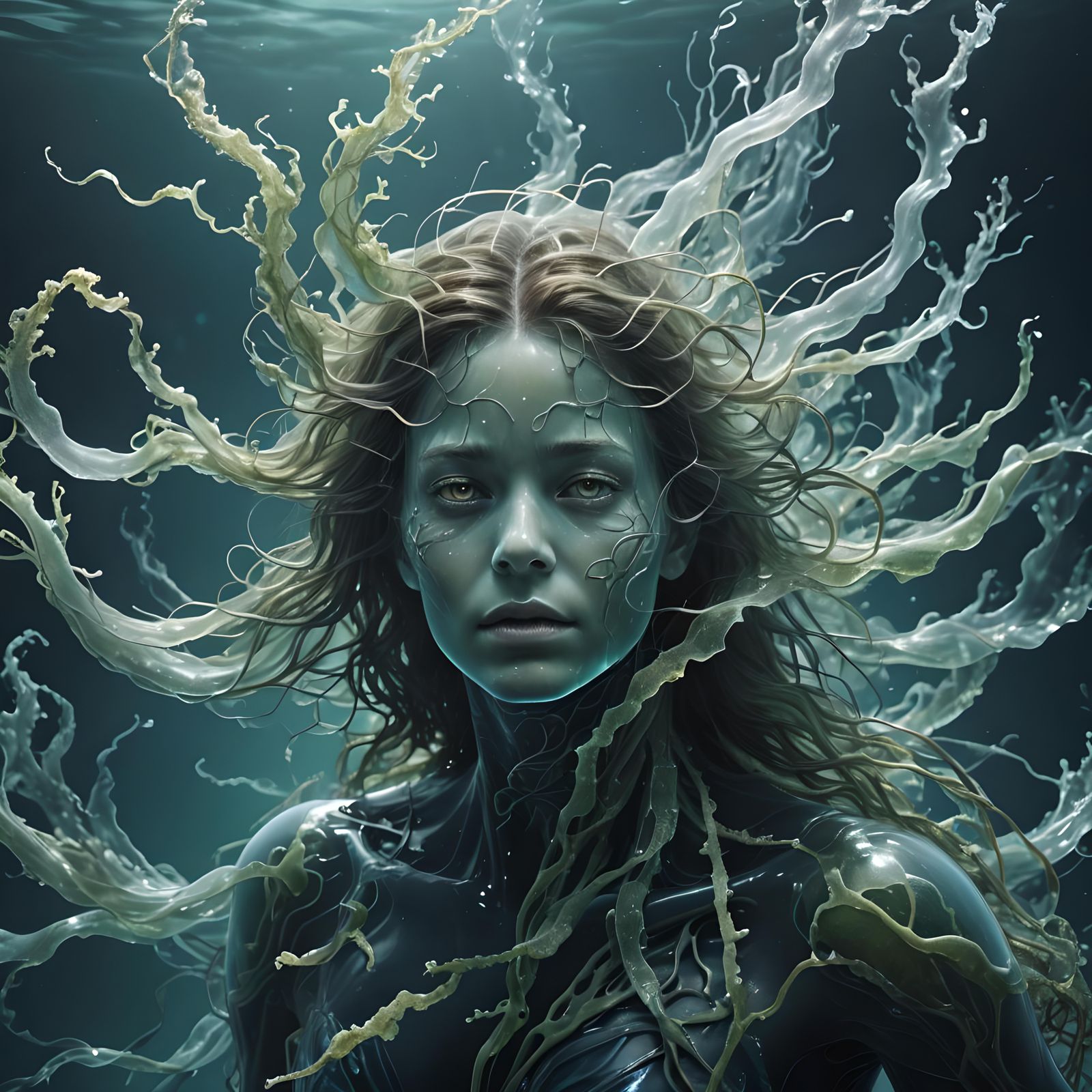 Photorealistic Ghostly Humanoid Abberation Underwater