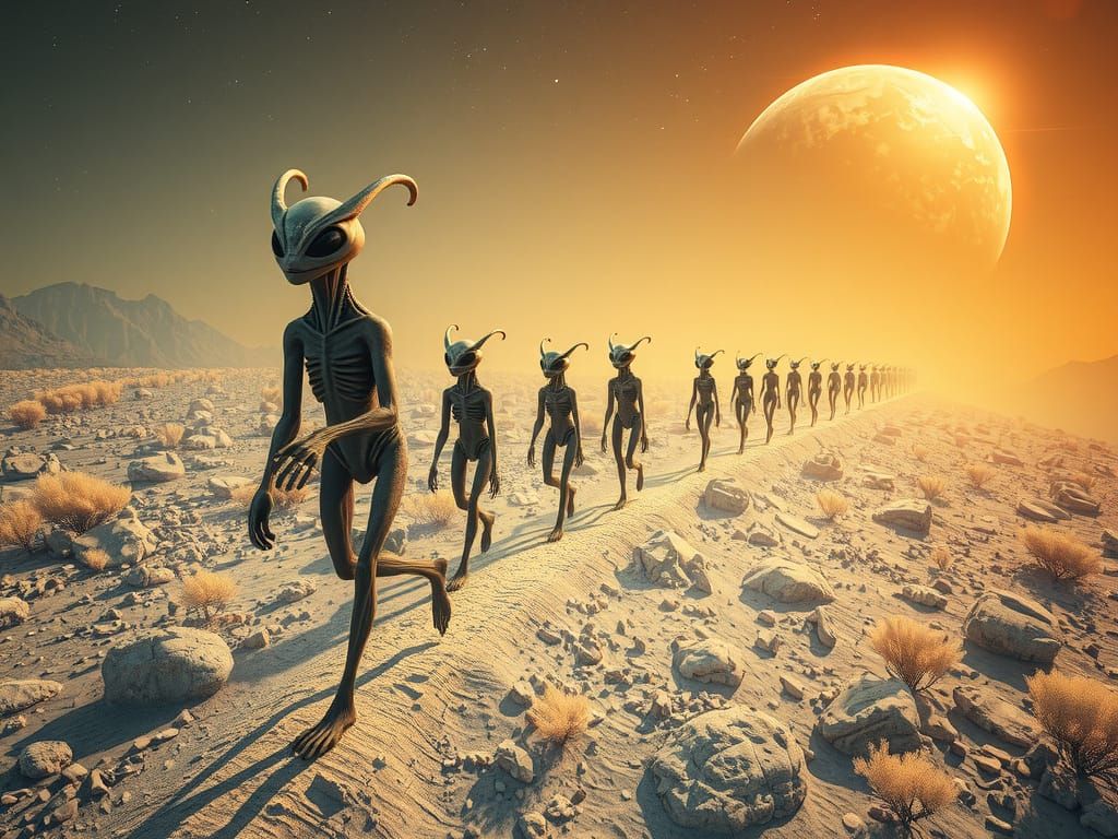 Gorgeous Alien Creatures on a Floating Path in an Infrared A...