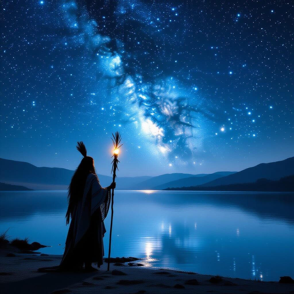 Shaman on Serene Lake Under Starry Sky