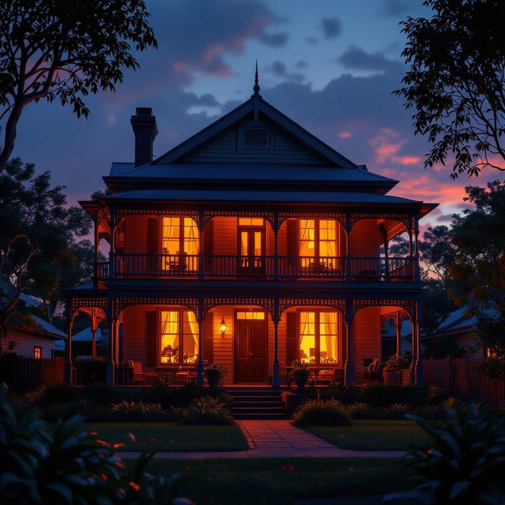 Queenslander House at Dusk with Warm Window Glow