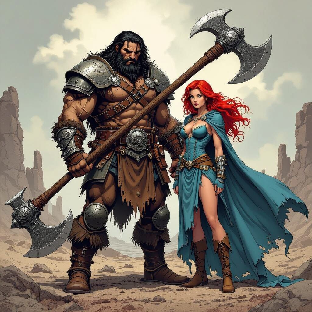Barbarian, Girl, and Bruin in Ruined Landscape