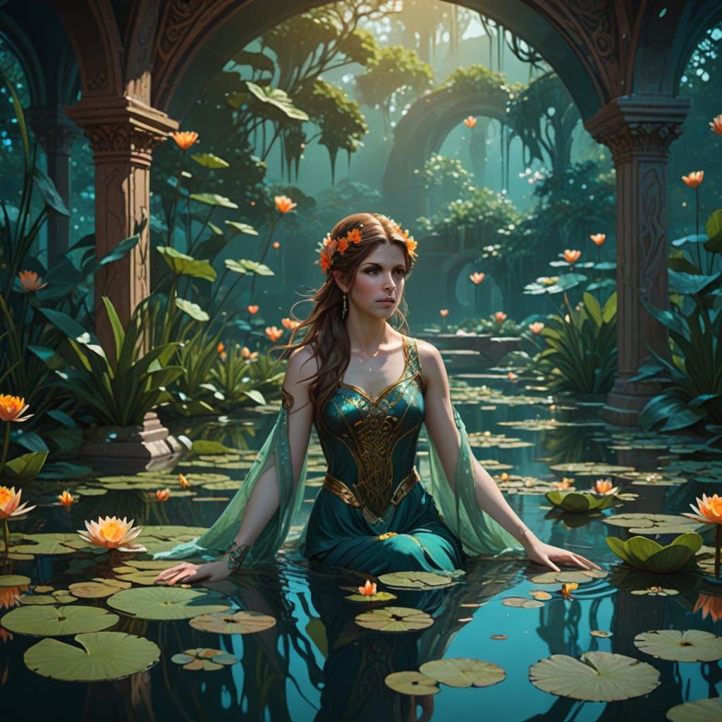 Nymph with Water Lilies in Pre-Raphaelite Style