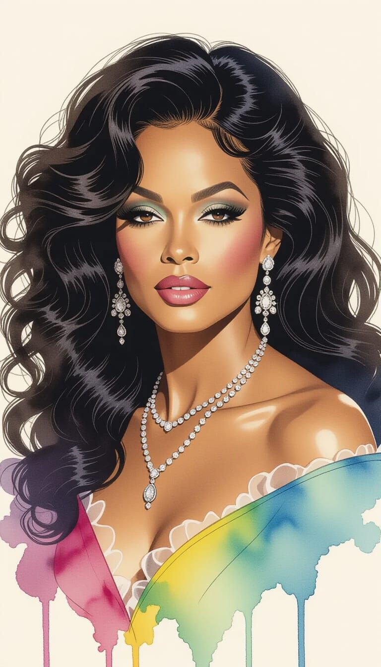 Diana Ross Portrait in Ink and Watercolor Blend