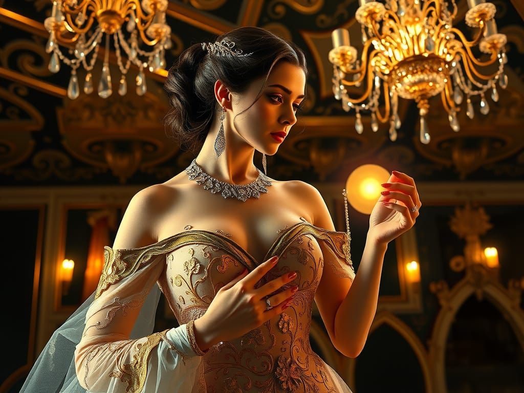 Elegant Art Nouveau Lady in Lavish Ballroom
