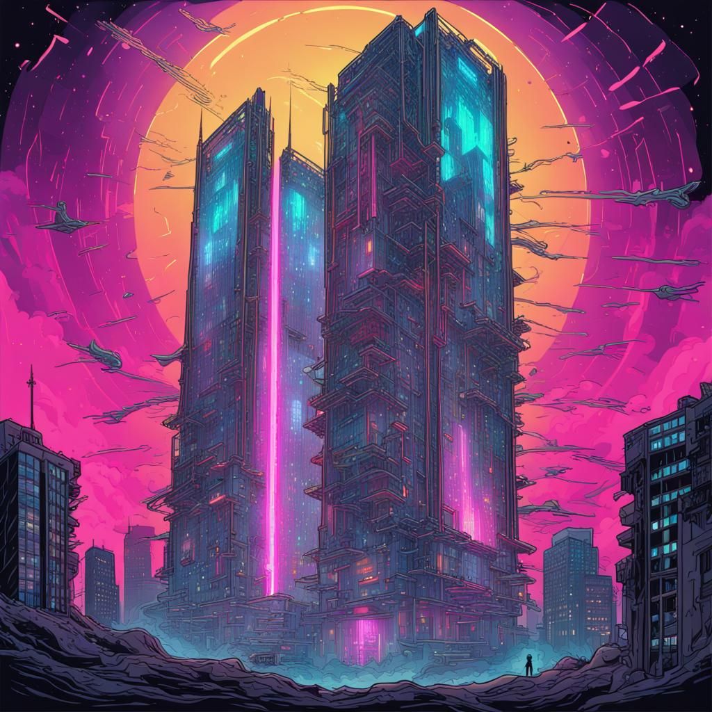 Cyberpunk Tarot Card: Collapsing Neon Skyscraper