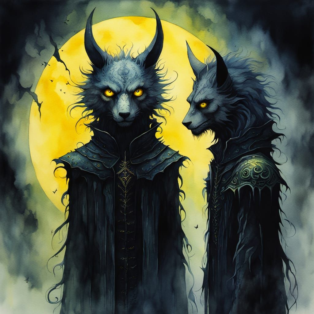 Gothic Watercolor of Tall Figure and Beast