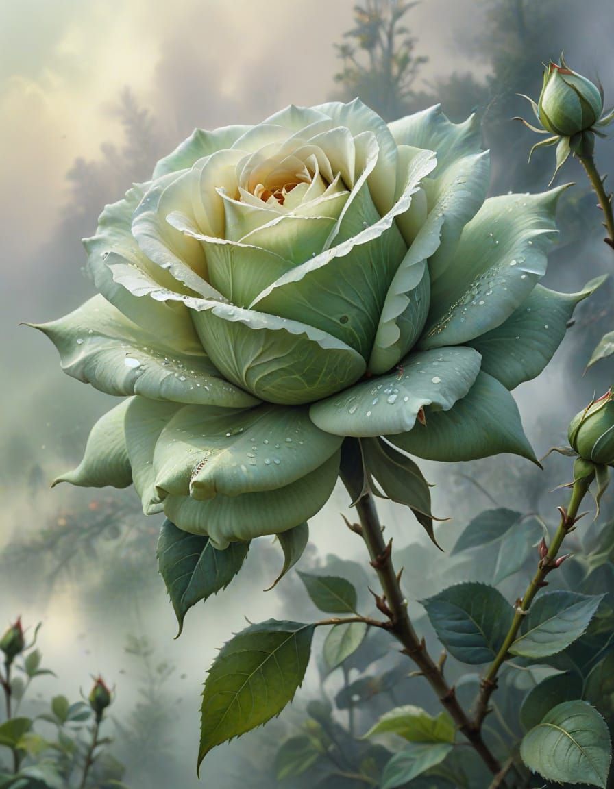 Ethereal Green Tea Rose Blossom in Watercolour