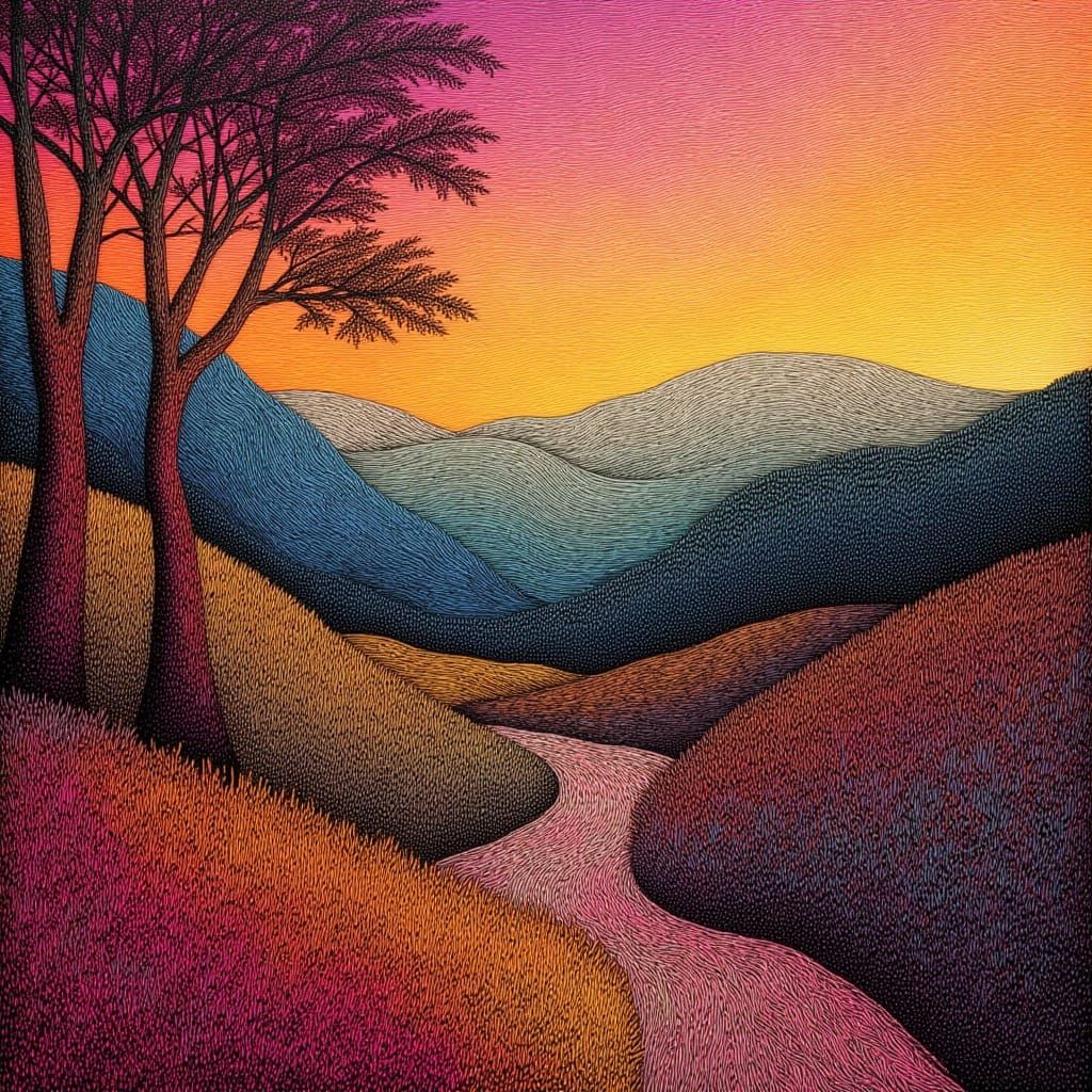 Scratch Art Landscape with Rolling Hills and Trees