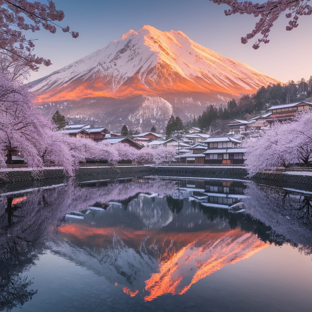 Surreal Japanese Landscape at Sunrise with Cherry Blossoms