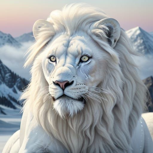 White Lion on Snowy Mountain in Ethereal Style