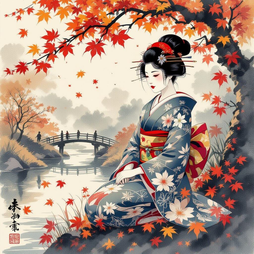 Autumn Leaves in Japanese Inksplash Style