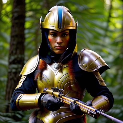 Indigenous Warrior Aiming Alien Bow, Bronzepunk Style