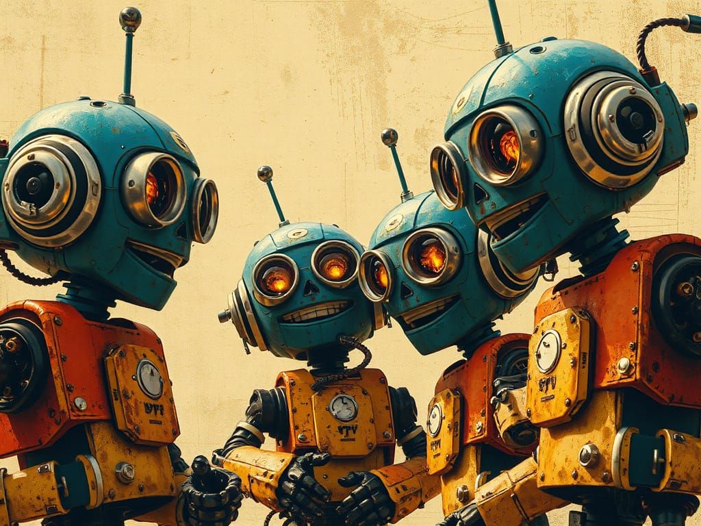 Joyful Robots in Impressionist Sci-Fi Style