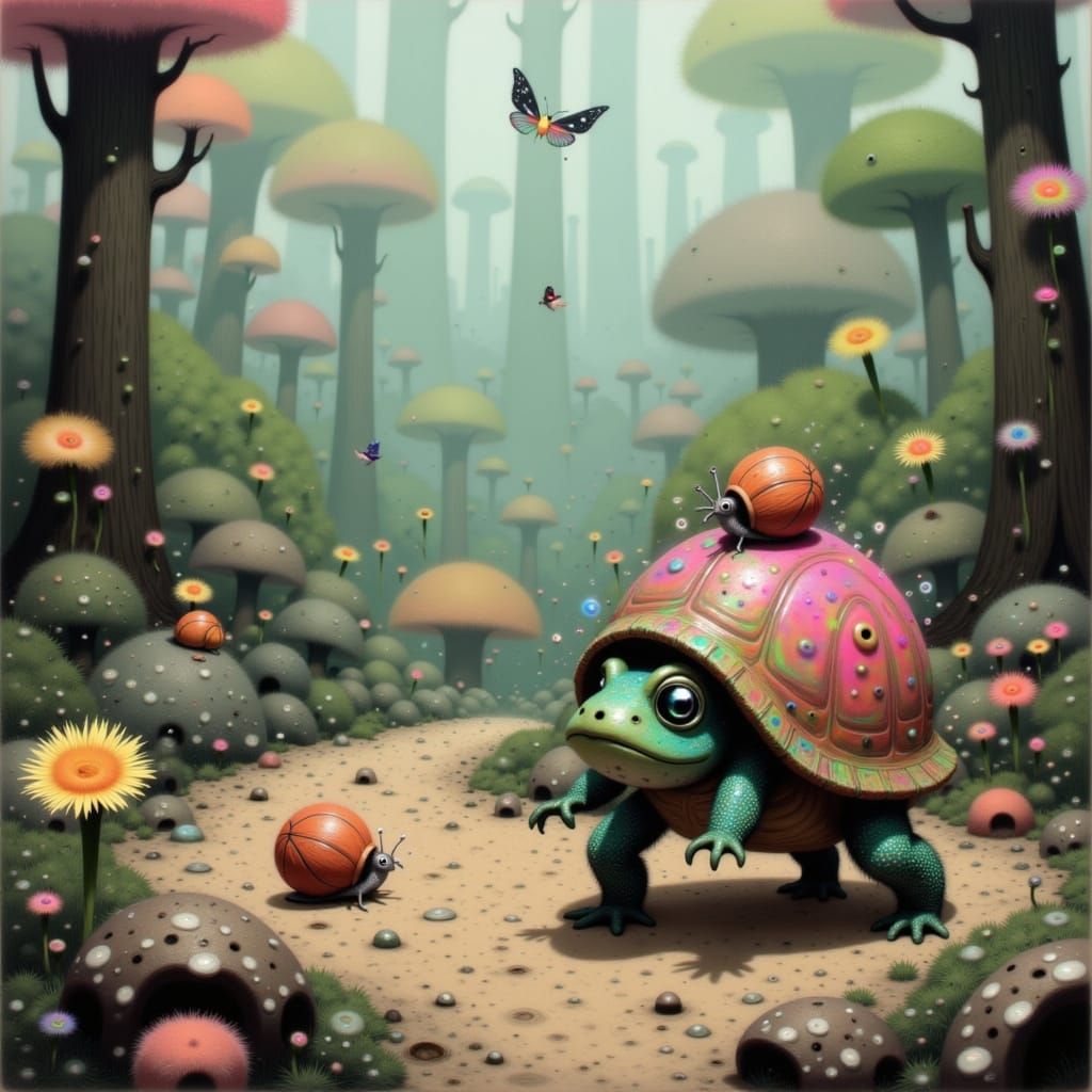 Frog-Tortoise Coaches Snails in Whimsical Forest