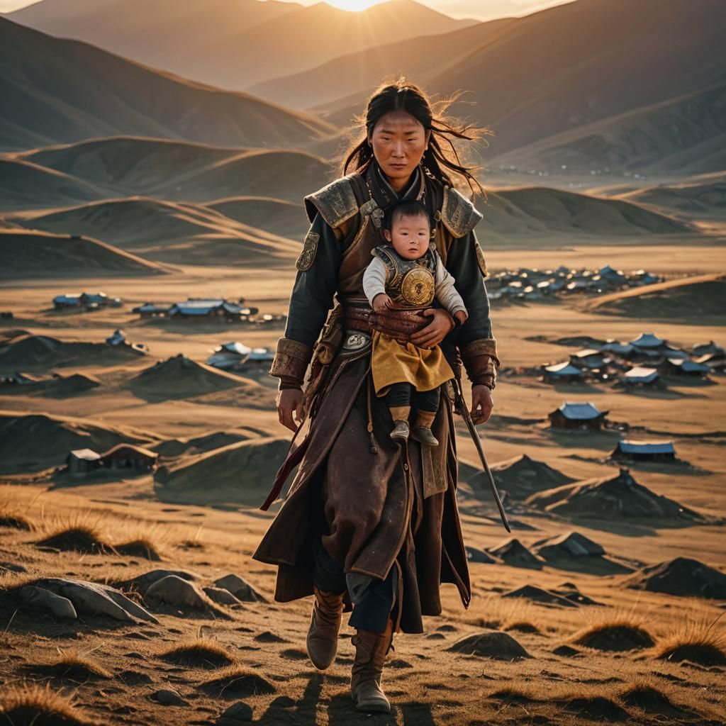 Mongolian Warrior Woman with Child at Sunset
